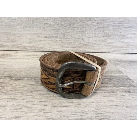 Vintage Aztec Hand Tooled Genuine Leather Belt Mens‎ Size 38 Brown Native