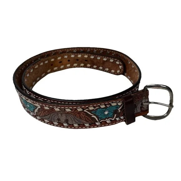Western Belt Tooled Leather Silver Eagle Turquoise Flower Accents 1.75
