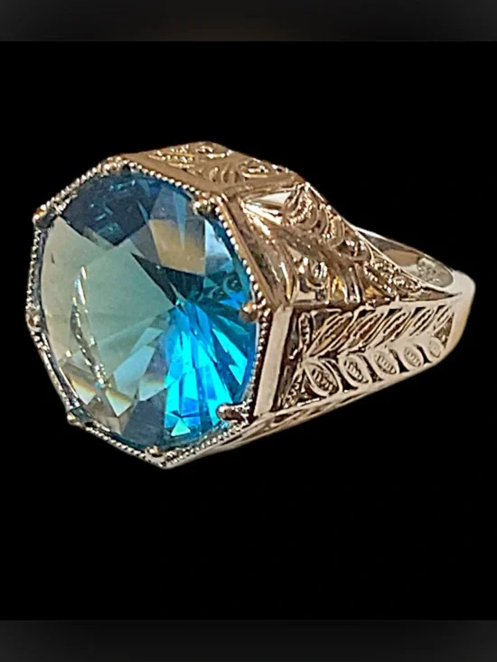 Art Deco Revival Sterling Silver Open Filigree Blue Crystal Ring Size 7
