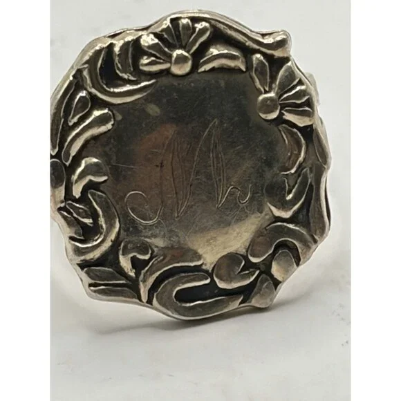Vintage 925 Sterling Silver Monogram M Repousse Signet Statement Ring Size 7.75