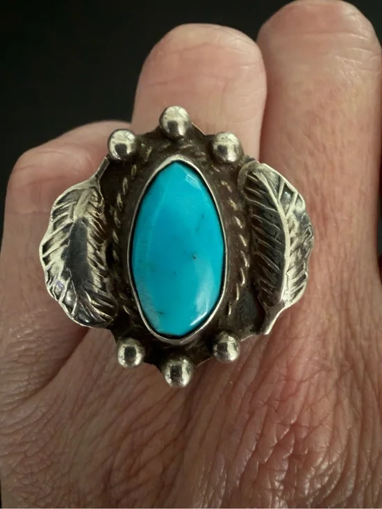 Vintage Navajo Diné Sleeping Beauty Turquoise Sterling Silver Feather Ring 6