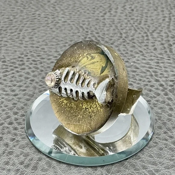 Ring Size 7 Gold Tone Pink Crystal Cocktail Boho Fish Bone Womens Fashion