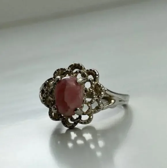 925 Sterling Silver Pink Agate Ring Size 6