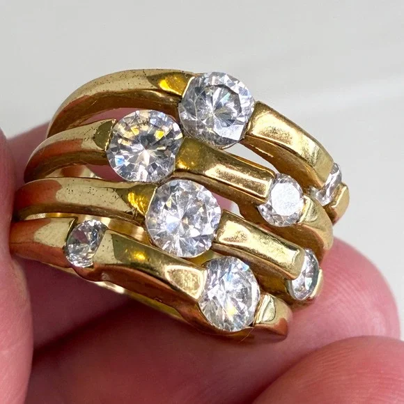 Vintage Ring Gold Tone Chunky Clear Stone Statement Multi Row Tiered Size 6.5