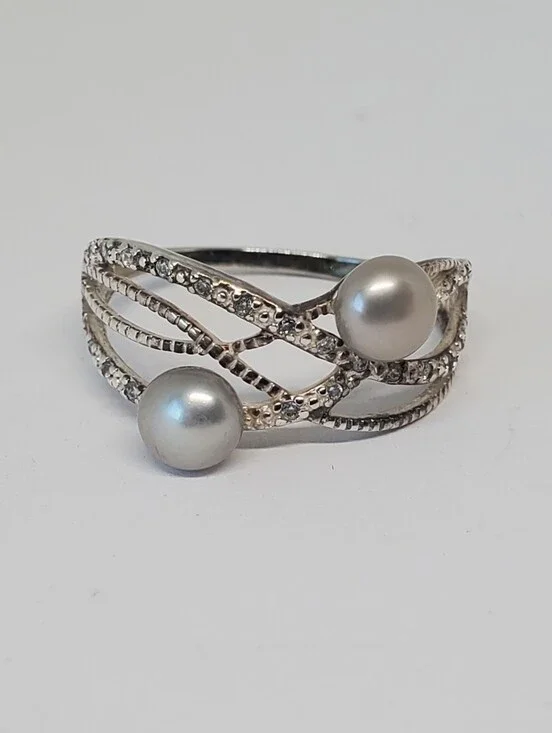 Avon Sterling Silver Pearl CZ Bypass Ring