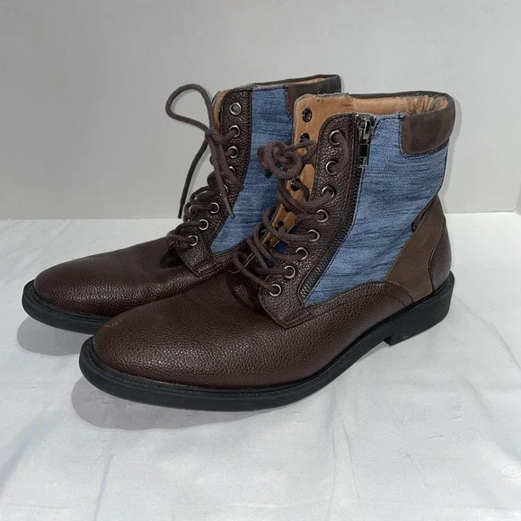 Guess Jadon Mens Brown Pebbled Boots Blue Denim Panels Side Zip GNJADON-R Size 9