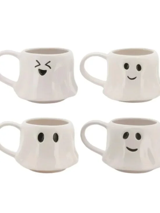 NEW Ceramic Ghost Mugs Mug Set of 4 Stacking Stackable White Stoneware Can hold