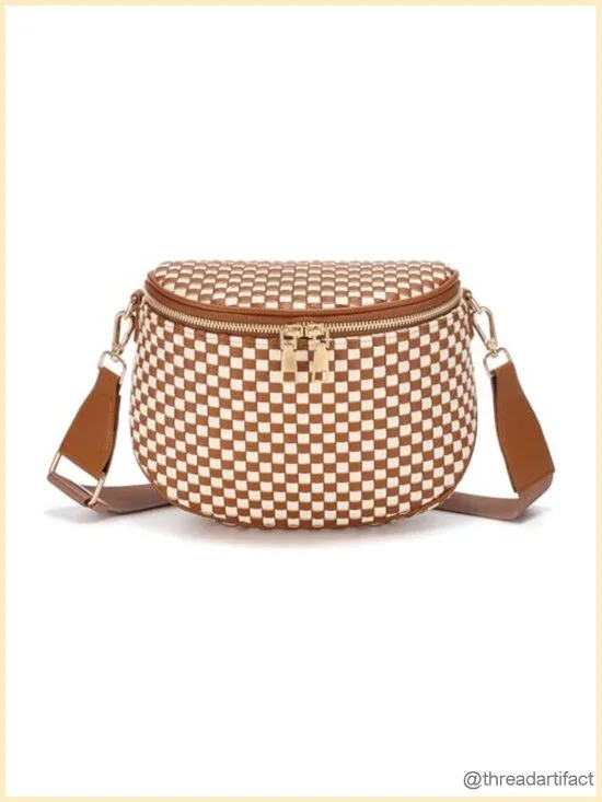 Woven Vegan Leather Crossbody Bag, Checkered PU Bum Bag Waist Pack Travel Sling