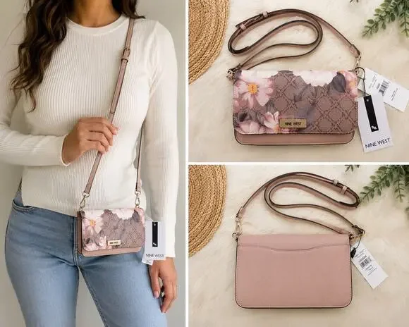 Nine West Shondra Floral Logo Crossbody Bag NWT Pink Convertible Shoulder Purse