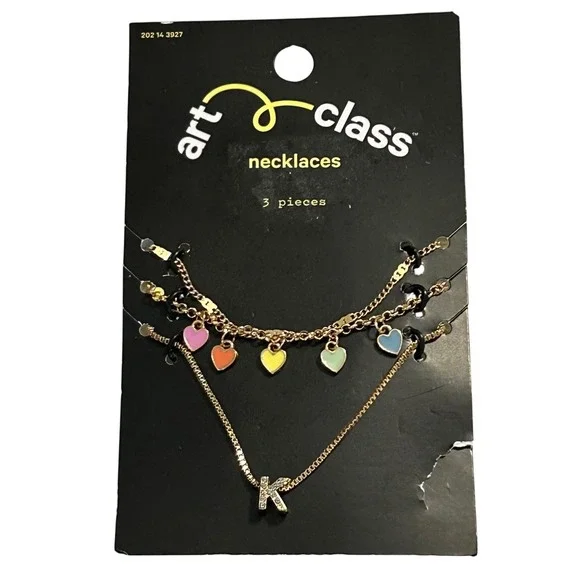 Art Class Necklaces 3 Pieces Rainbow Hearts Initial K Charm Gold Tone Choker Set