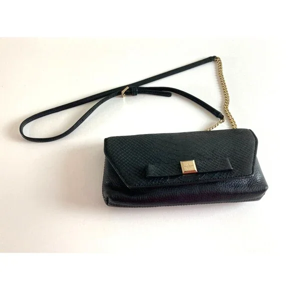 Kate Spade New York Black Pebbled Leather Crossbody Bag Gold Chain Strap Snake
