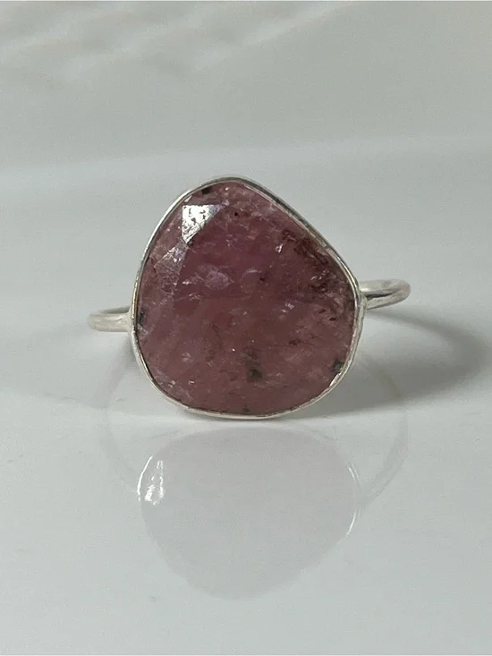 Solid Sterling Silver 925 Ruby Corundum Gemstone Flat Stacker Ring Size 11.5