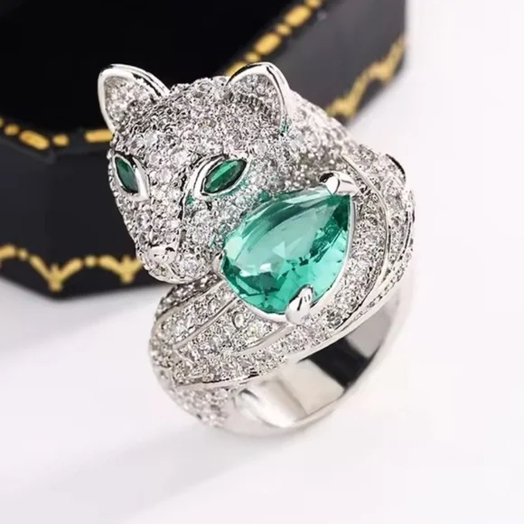 Panthere Diamond Green Crystal Silver Ring