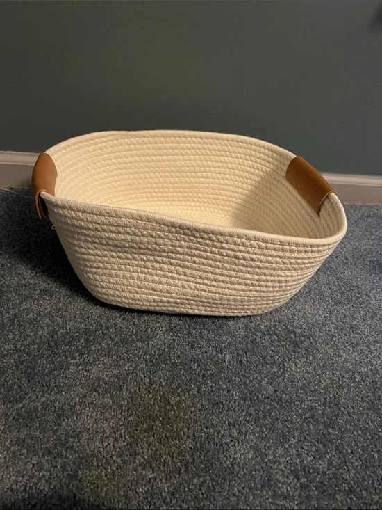 Target Cream Woven Rope Storage Basket with Brown Leather Handles