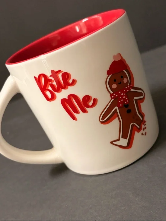 White Ceramic Mug with Red Interior and Gingerbread Graphic