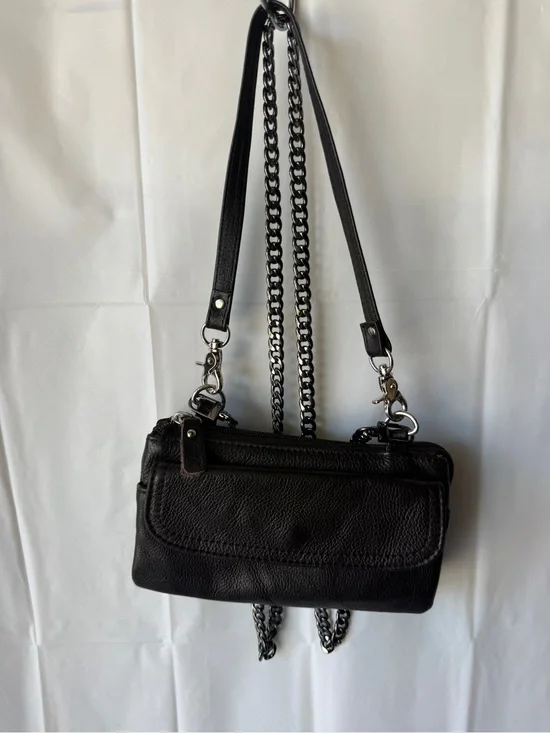 Black Leather Crossbody Bag with Chain Strap
