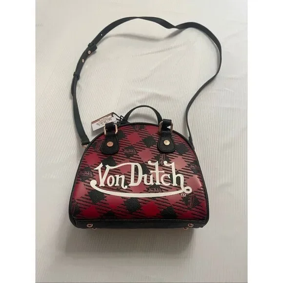 NWT Von Dutch Red Black Plaid Bowling Bag Crossbody Purse NIB New