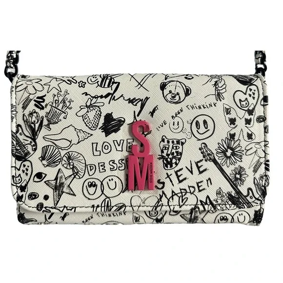 Steve Madden Blynn Doodle Print Crossbody Bag White Black Pink Charm NWT