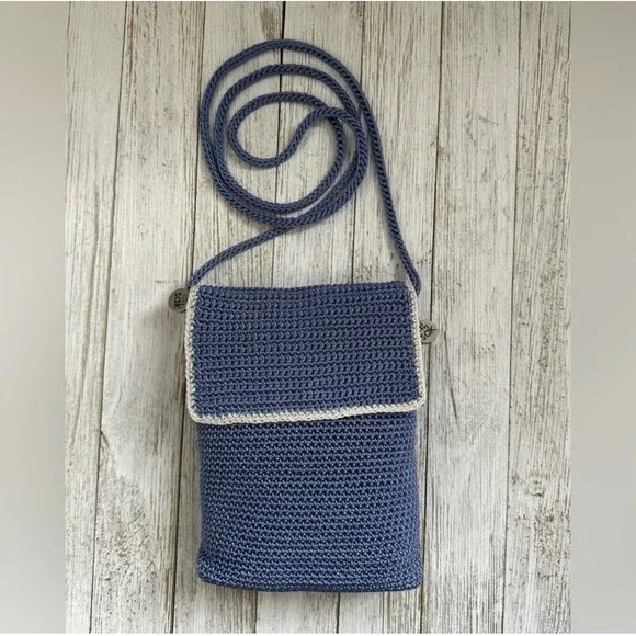 The Sak Iris Crochet Smartphone‎ Crossbody Bag Denim Blue Mini Flap Purse