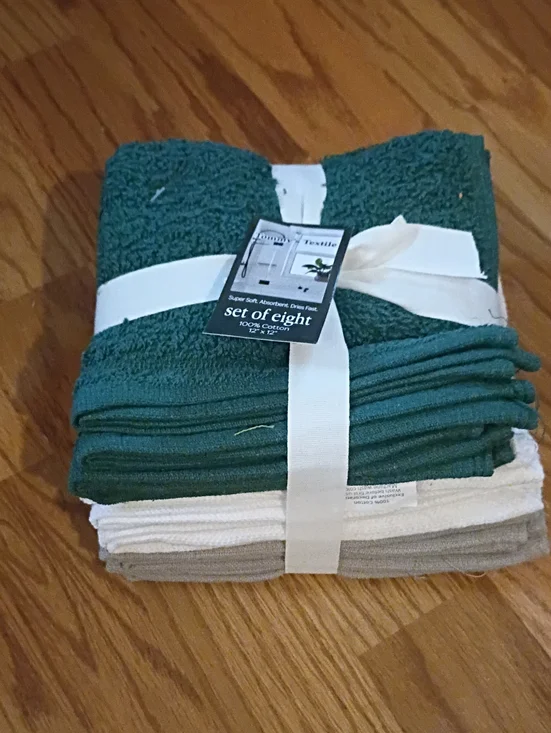 Set of Eight Cotton Wash Cloths - Dark Teal, White, Light Gray