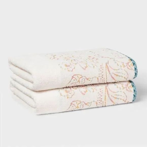 Threshold - 2pc Boho Border Floral Bath Towel Multi - Threshol White