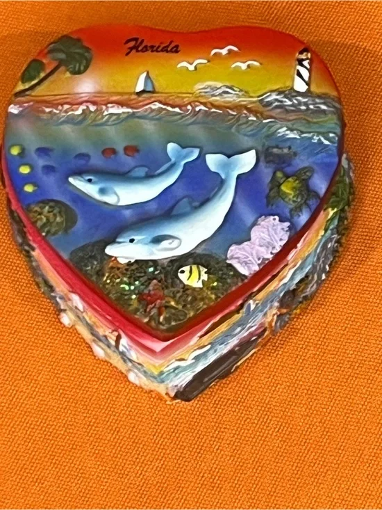 Florida Heart Shaped Trinket Box with Dolphins
