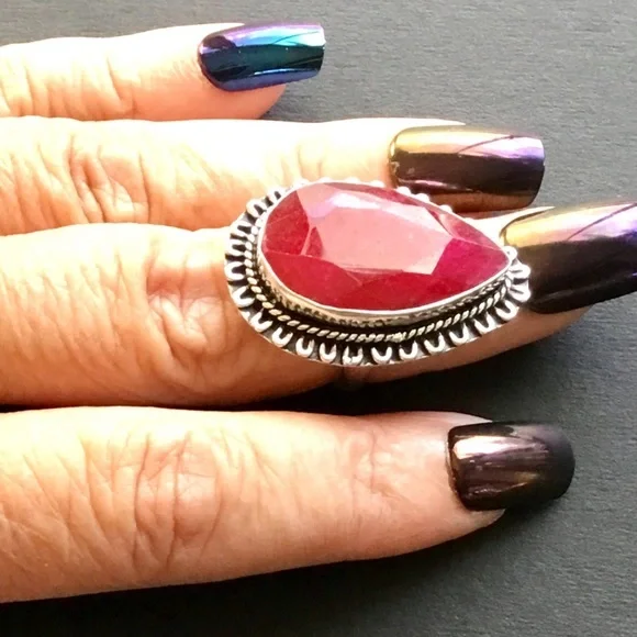 Large Red Ruby Gemstone Ring Tear Drop Style Faceted Handmade Size 6.5