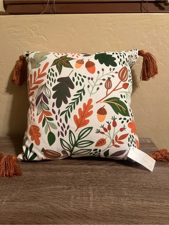 Target Bullseye Throw Pillow Fall Leaves Tassels Autumn Acorns Orange Green NWT