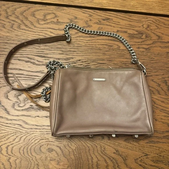 Rebecca Minkoff Taupe‎ Leather Small Crossbody Bag with chain Silver Accents