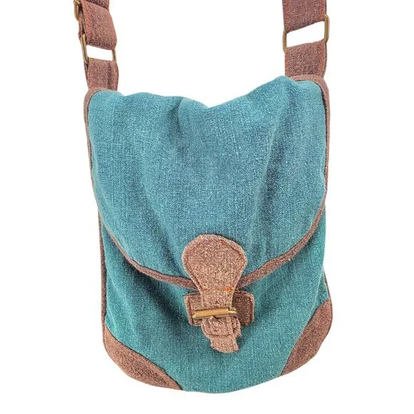100% Cotton Teal & Brown Crossbody‎ Bag