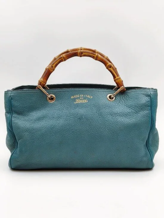 Gucci Bamboo Top Handle Leather Tote Bag Blue Convertible Satchel Italy