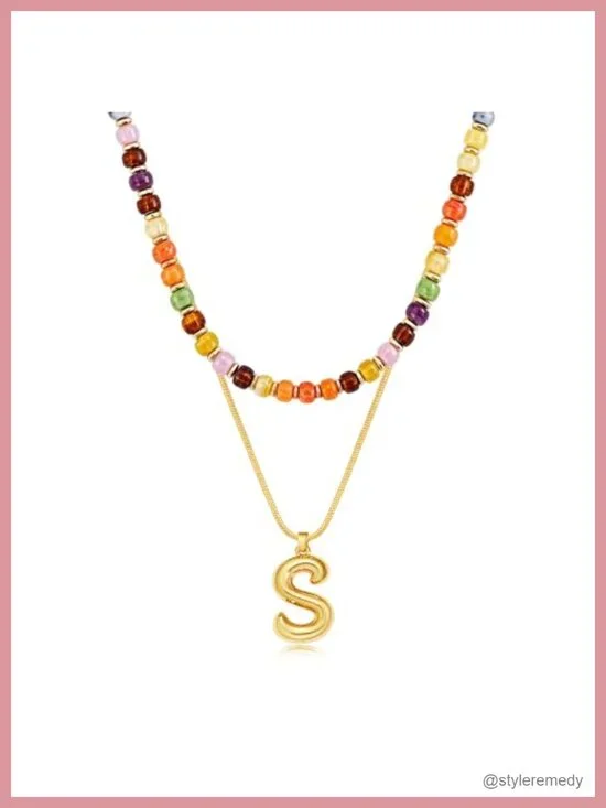2-in-1 Layered Initial Choker with Beaded Necklace, Gold Plated Bubble Letter