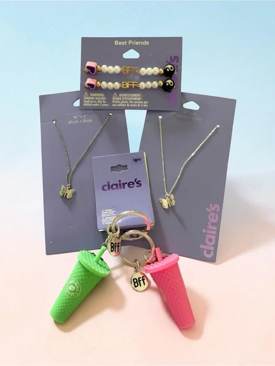 BFF Bundle - Claire's Butterfly necklaces, 2 bracelets, & 2 keychains. All New!