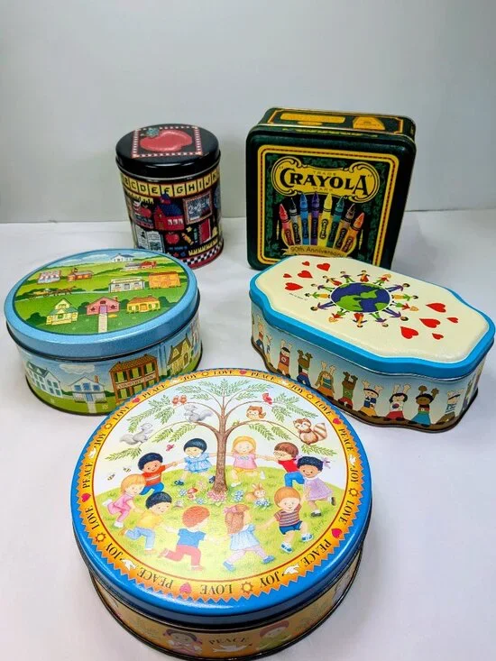 VTG Teacher Metal Tin Bundle: (5) Collectible Storage Tins (Crayola, ABC, Decor)