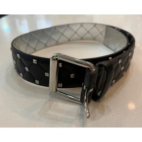 Michael Kors Black Quilted Studded Belt Silver Buckle Punk Medium Mens Womens