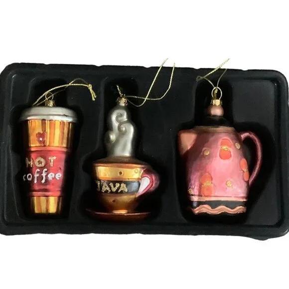 Coffee Themed Glass Ornaments Set of‎ 3 Semi-Vintage Java Mug Cup Hot Coffee Pot