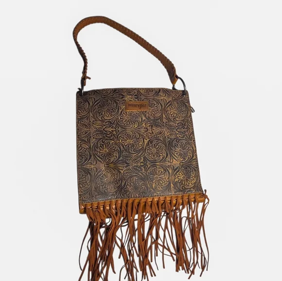 Wrangler Tooled Fringe Sling Crossbody Bag Brown Floral Western Boho NWOT