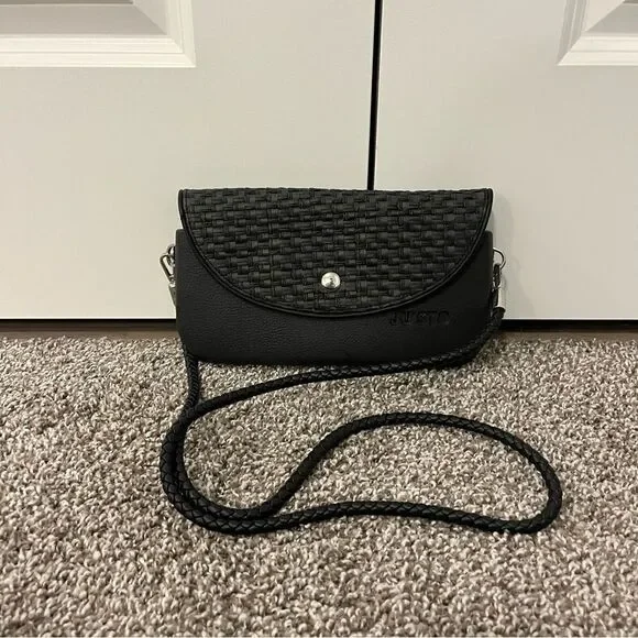JU’STO Modular Black Woven crossbody flap bag
