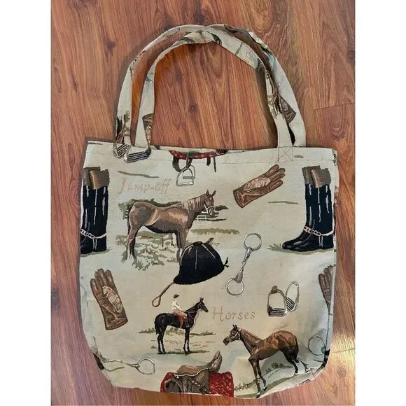 Tapestry racing horse jockey tote bag handmade vintage