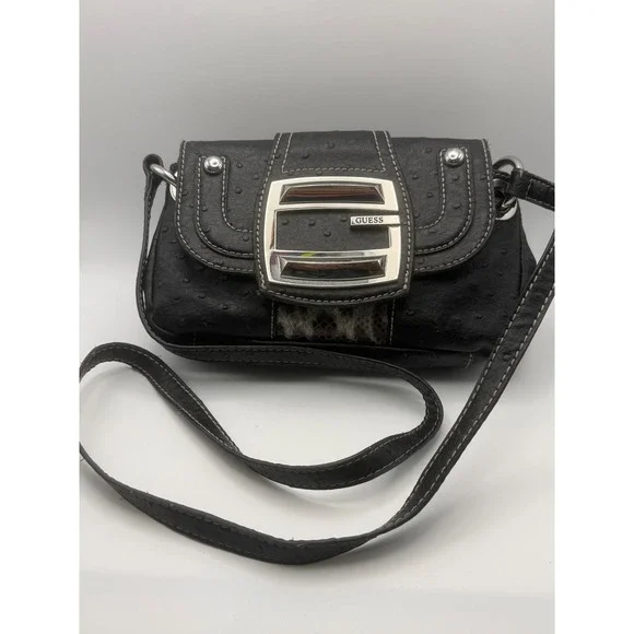 Vtg Guess Black Ostrich Snakeskin Crossbody Purse‎ Bag Silver G Logo Buckle Y2K