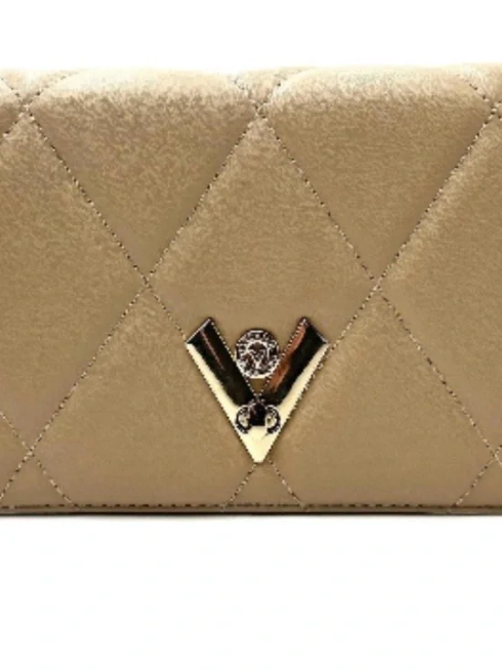 Badgley Mischka Quilted Beige Crossbody Bag with V Emblem