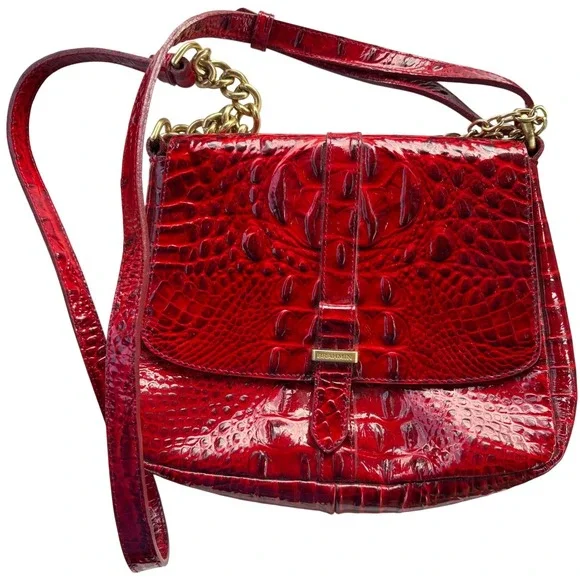Vtg BRAHMIN Red Croc Embossed Leather Crossbody Bag Magnetic Satchel Gold Charm
