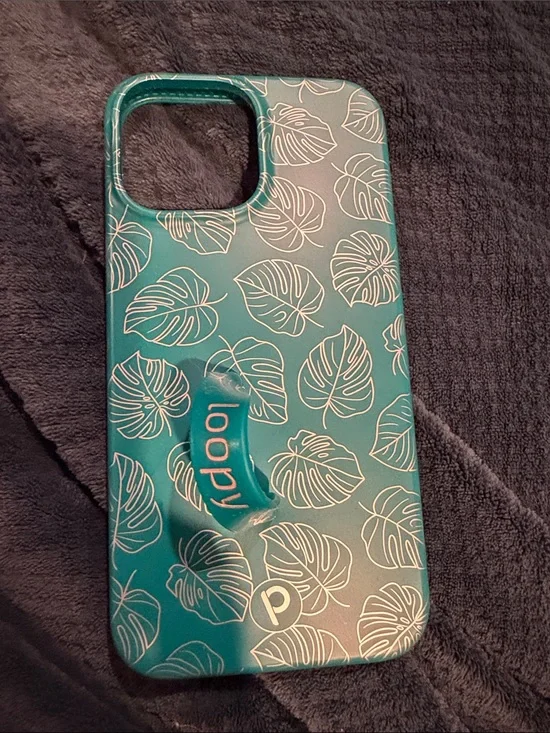 Loopy Case Teal 13 Pro Max iPhone Case with Gold Leaf Pattern and Finger Strap