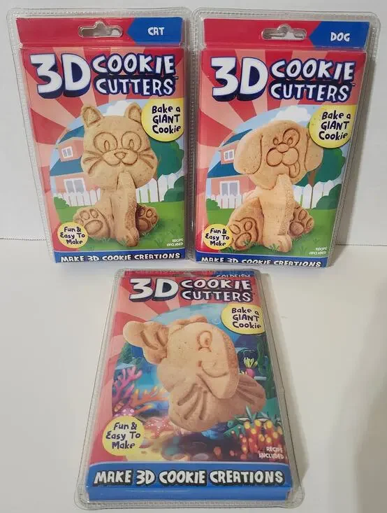 3D Cookie Cutters Lot of 3 Cat Dog Goldfish Bake Giant Cookie New Sealed