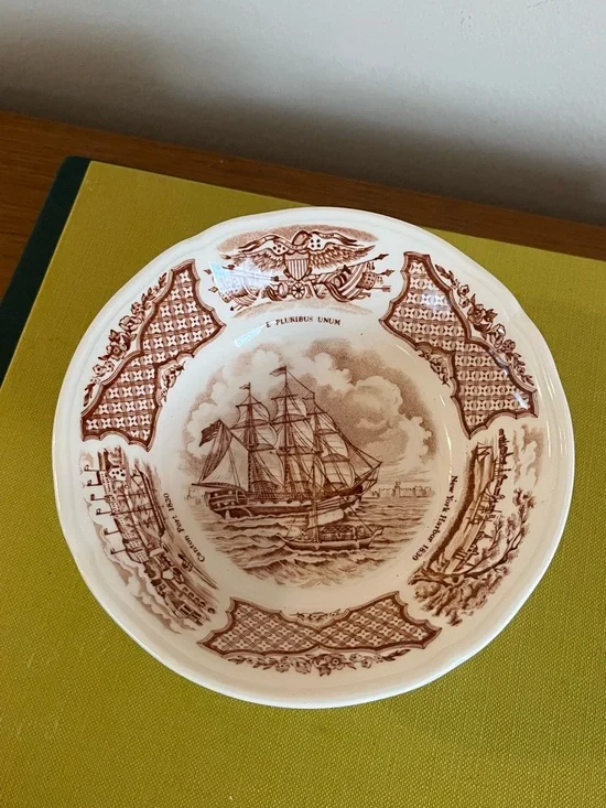 Vintage Maritime Decorative Ceramic Bowl in Brown