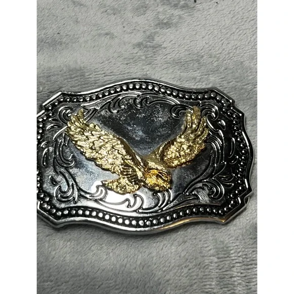 Gold Eagle Belt Buckle Silver Tone Western Scroll Made USA Patriotic Cowboy