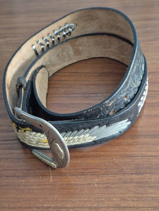 Vintage Black Leather Belt Embossed Eagle 38