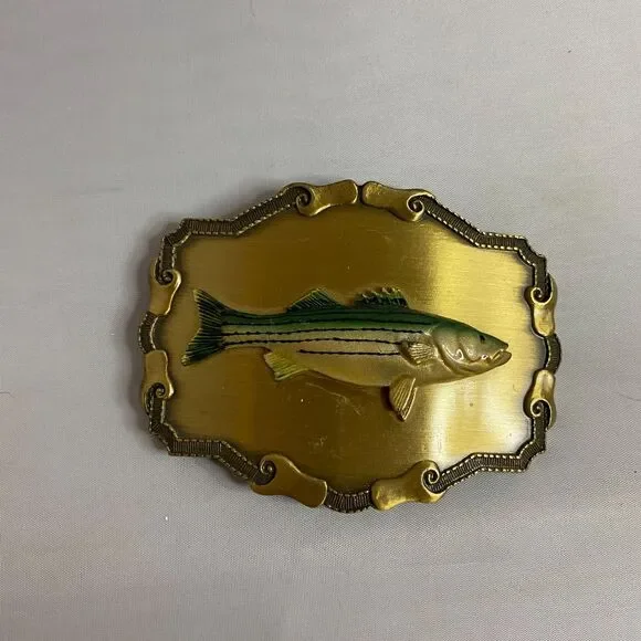 #7825 Raintree Striped Bass Metal Belt Buckle 4.25x3 inch