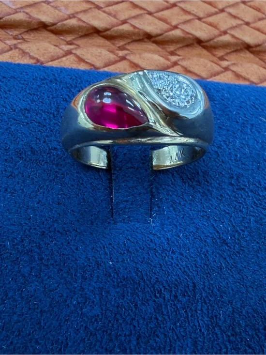 14K Gold Ruby Cabochon Ring with Diamond Accent