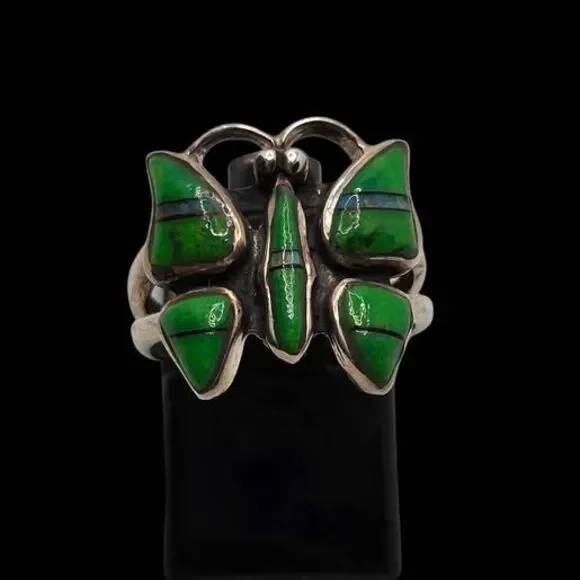 Silver butterfly ring with green inlay